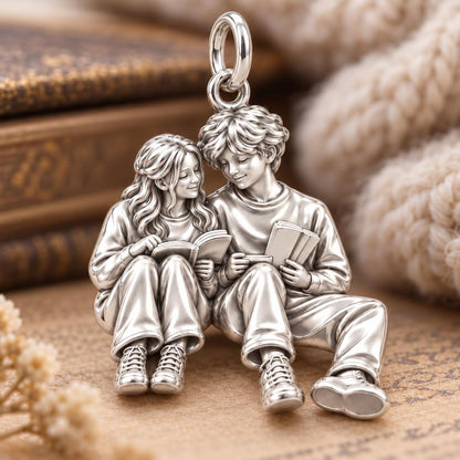 Reading Together Charm Bracelet – Personalized Couple Gift – macro detail of the charm