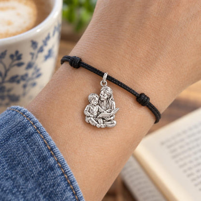 Reading Together Storytime Charm Bracelet – Personalized Mom Gift – worn on the wrist on a black cord bracelet