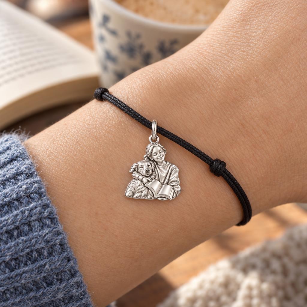 Reading With My Best Friend Charm Bracelet – Personalized Dog Mom Gift – worn on the wrist on a black cord bracelet