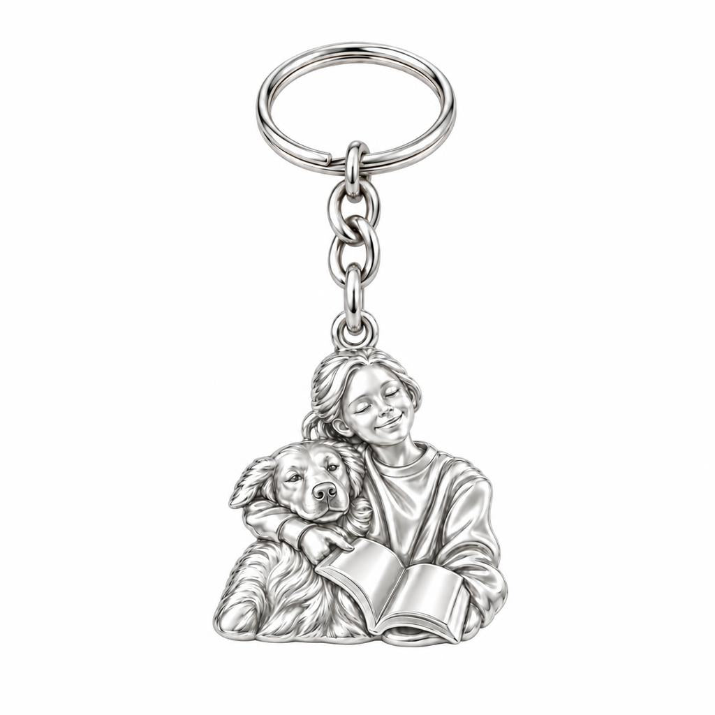 Reading With My Best Friend Charm Keychain – silver, front view