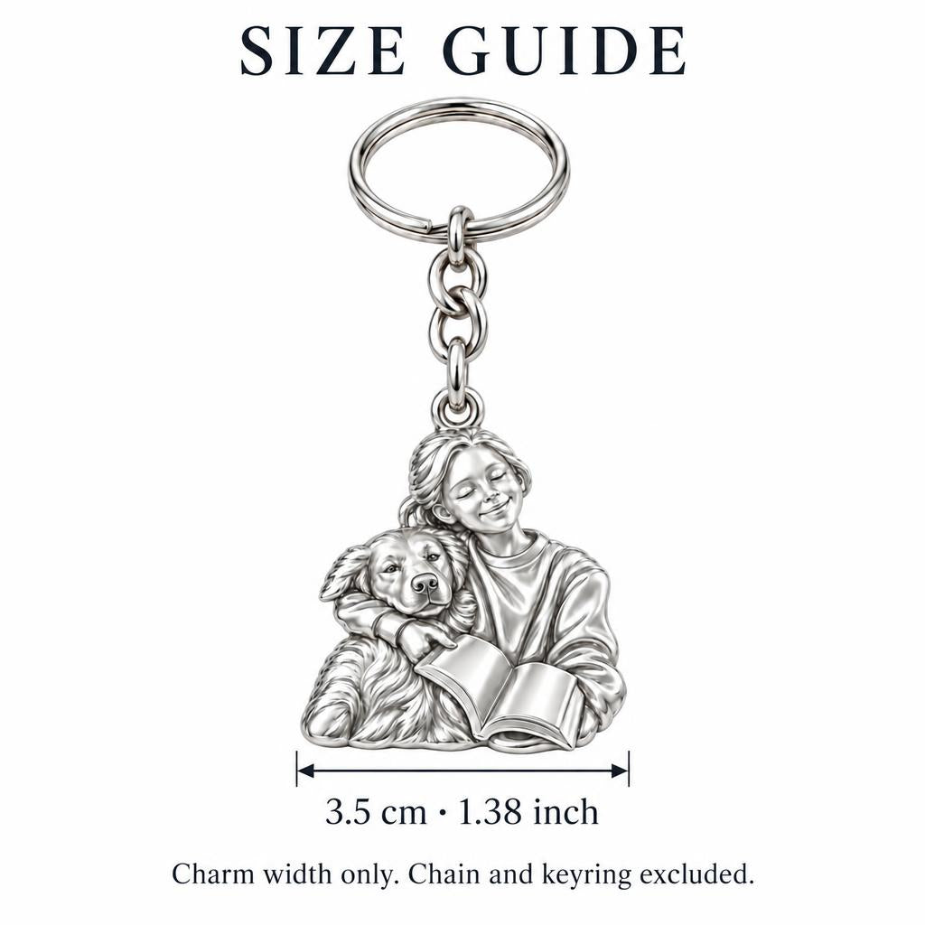 Reading With My Best Friend Charm Keychain – size guide, 3.5 cm (1.38 in) charm, chain and keyring excluded