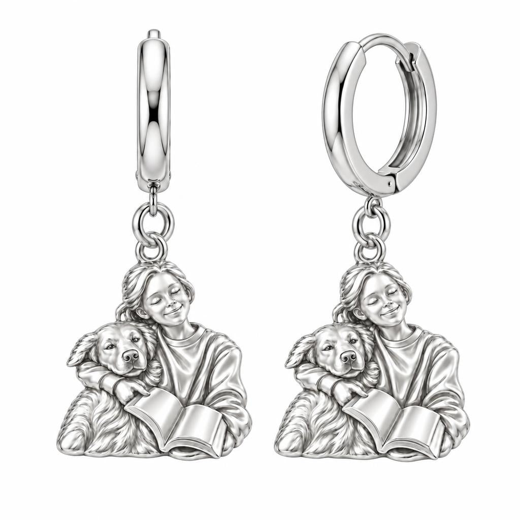 Reading With My Best Friend Huggie Charm Earrings – silver, front view