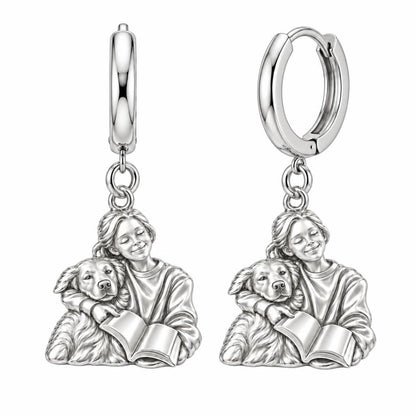 Reading With My Best Friend Huggie Charm Earrings – silver, front view