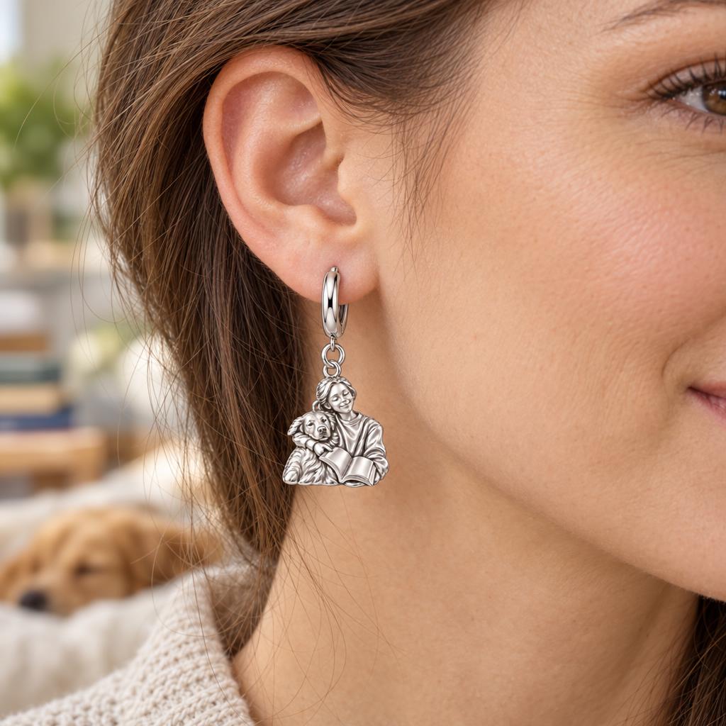 Reading With My Best Friend Huggie Charm Earrings – worn / in use