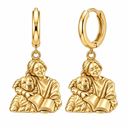 Reading With My Best Friend Huggie Charm Earrings – 18K gold, front view