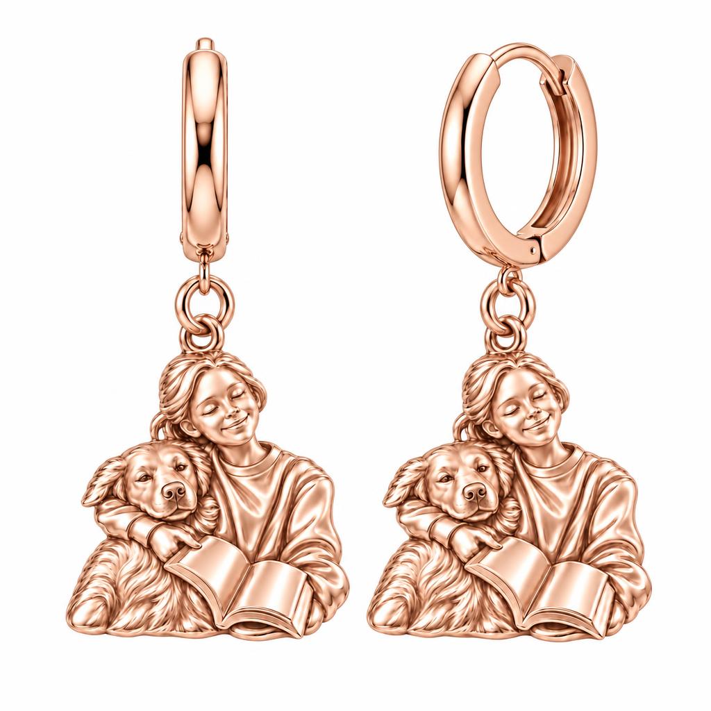 Reading With My Best Friend Huggie Charm Earrings – rose gold, front view