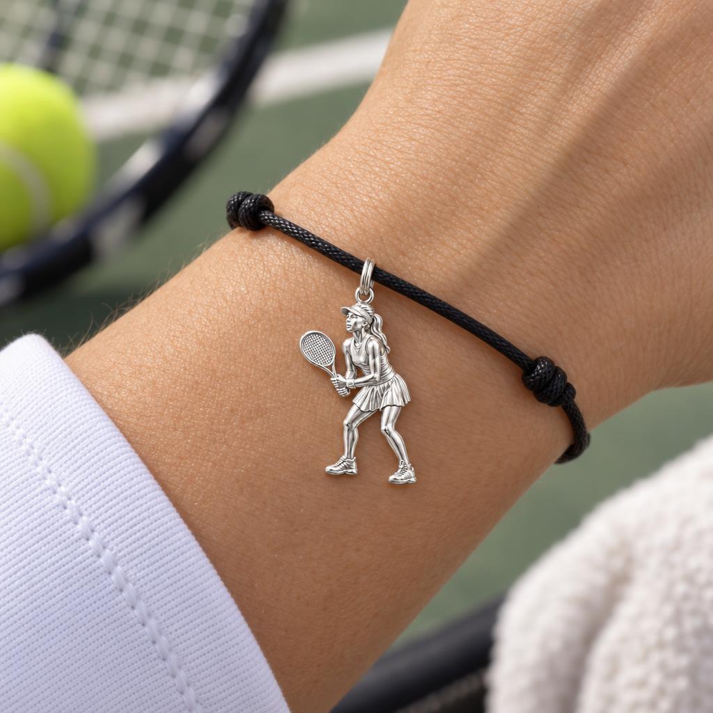 Ready to Serve Charm Bracelet – Personalized Athlete Gift – worn on the wrist on a black cord bracelet