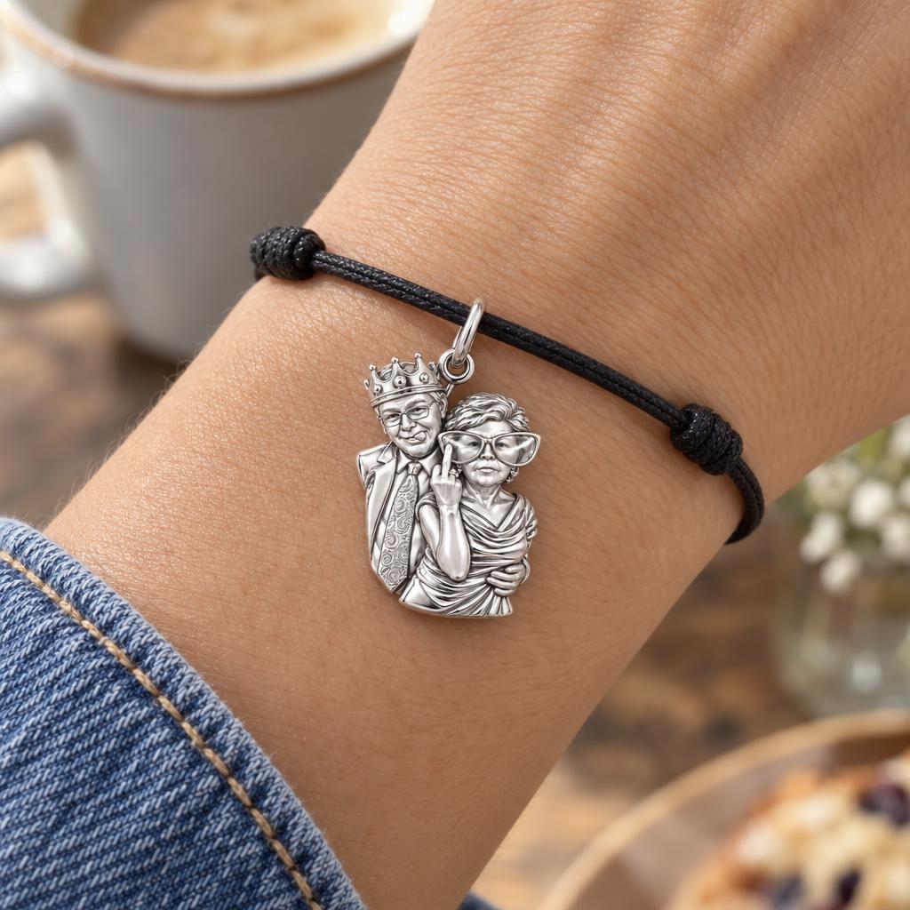 Rebel Couple Custom Portrait Charm Bracelet – Personalized Couple Gift – worn on the wrist on a black cord bracelet
