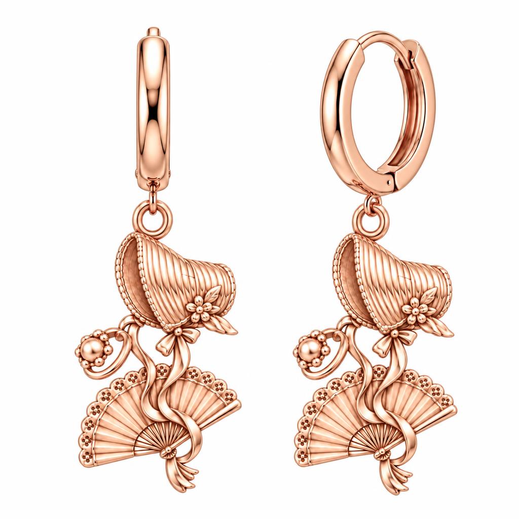 Regency Sunday Bonnet Huggie Charm Earrings – rose gold, front view