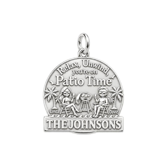 Relaxed Patio Time Charm Bracelet – Personalized Couple Gift – silver plated 3 cm charm, front view