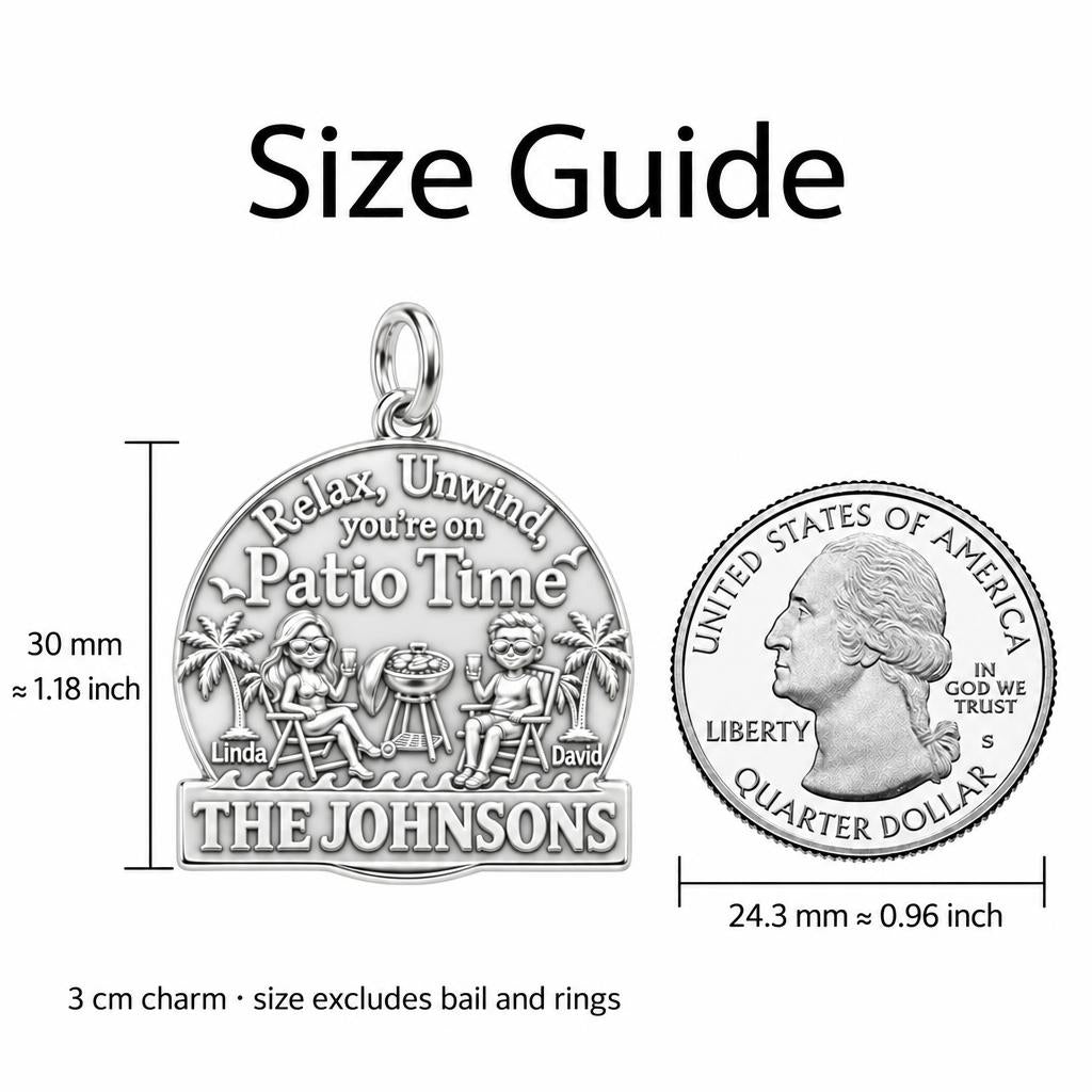 Relaxed Patio Time Charm Bracelet – Personalized Couple Gift – size guide, 3 cm charm next to a quarter