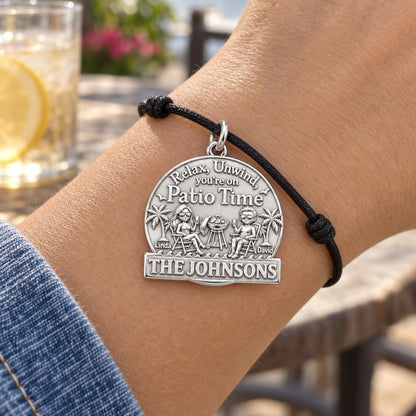 Relaxed Patio Time Charm Bracelet – Personalized Couple Gift – worn on the wrist on a black cord bracelet