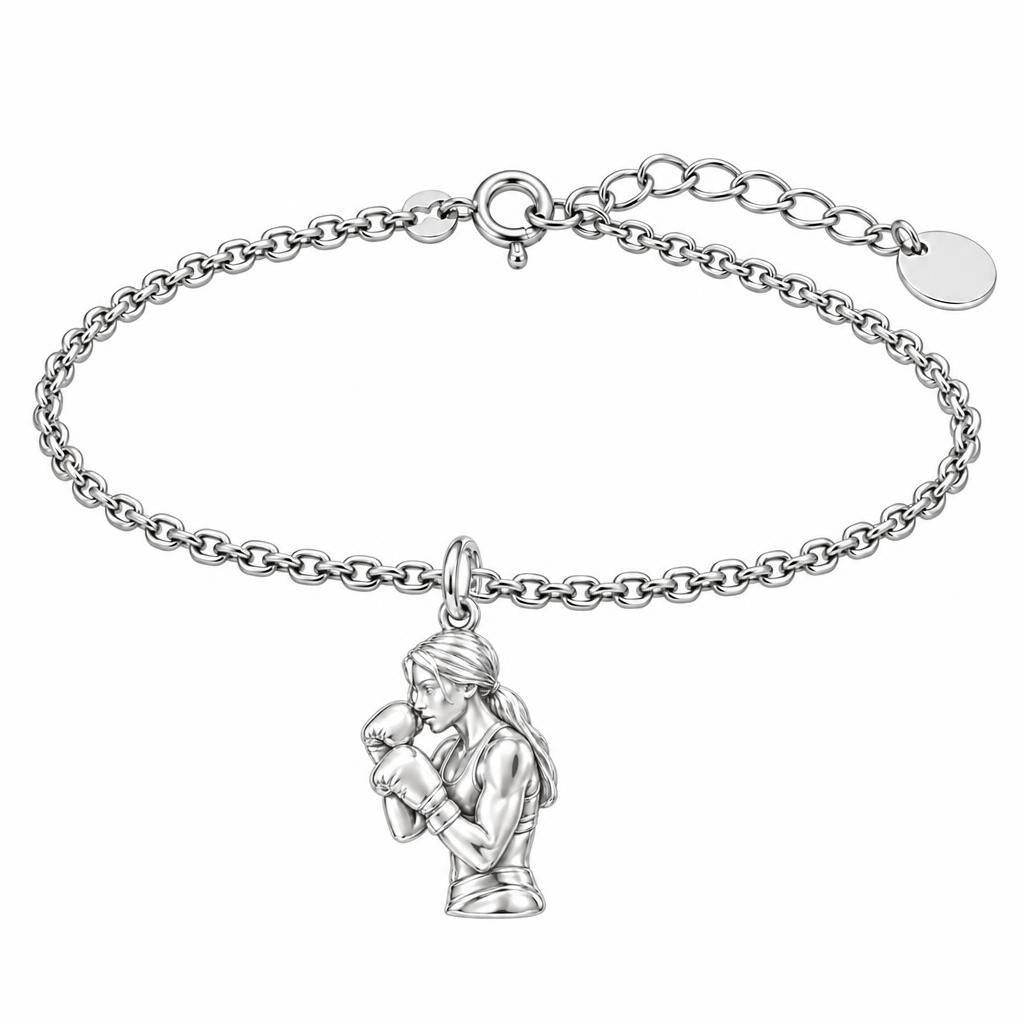 Resilient Female Boxer Charm Bracelet Set – silver, front view