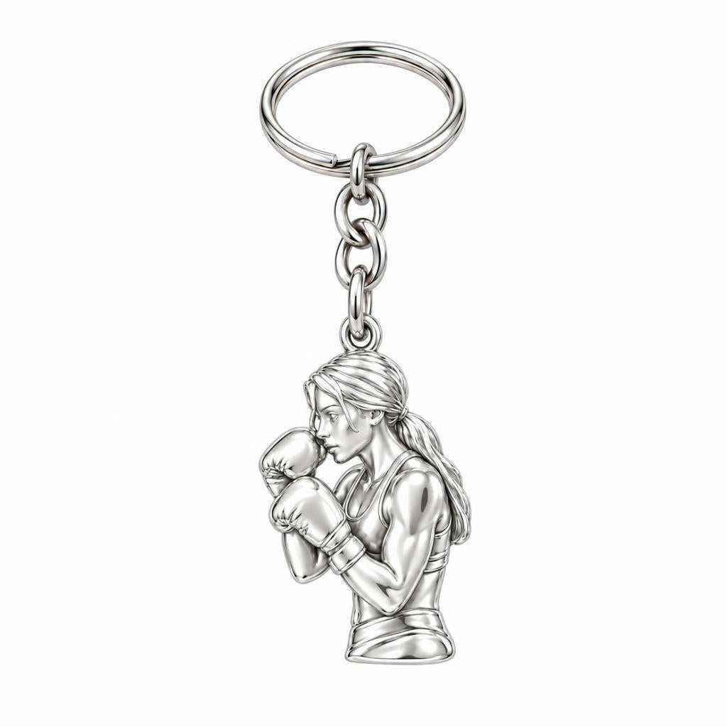 Resilient Female Boxer Charm Keychain – silver, front view