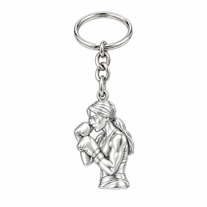 Resilient Female Boxer Charm Keychain – silver, front view