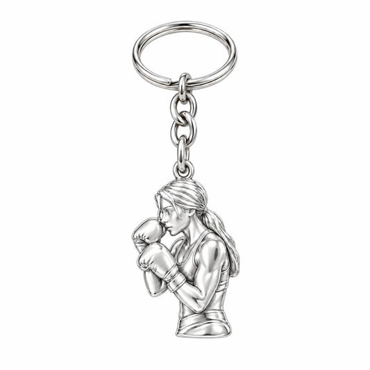 Resilient Female Boxer Charm Keychain – silver, front view