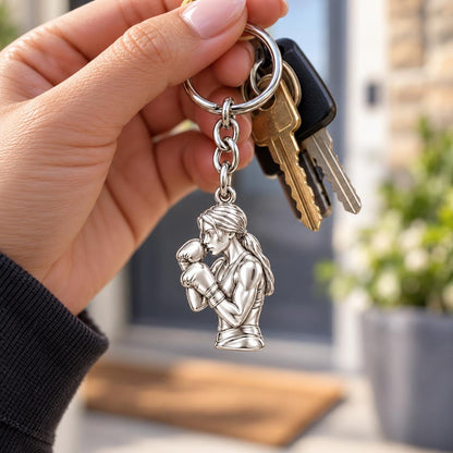 Resilient Female Boxer Charm Keychain – worn / in use