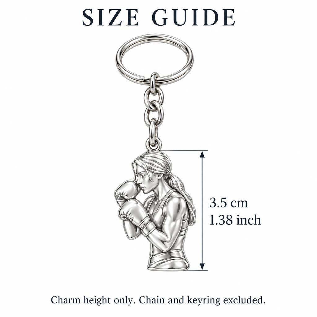 Resilient Female Boxer Charm Keychain – size guide, 3.5 cm (1.38 in) charm, chain and keyring excluded