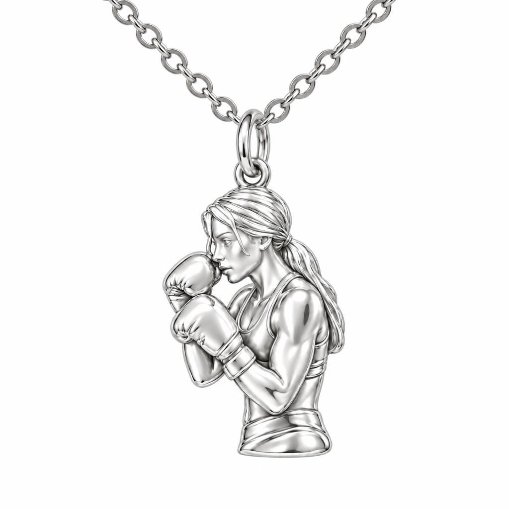 Resilient Female Boxer Charm Necklace Set – silver, front view