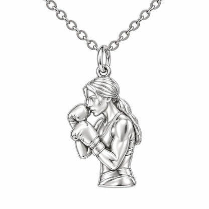 Resilient Female Boxer Charm Necklace Set – silver, front view