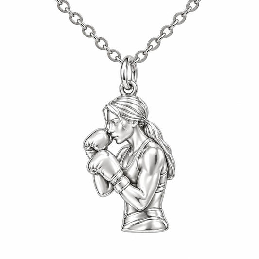 Resilient Female Boxer Charm Necklace Set – silver, front view