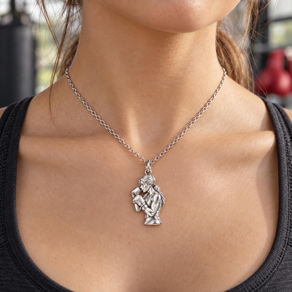 Resilient Female Boxer Charm Necklace Set – worn / in use