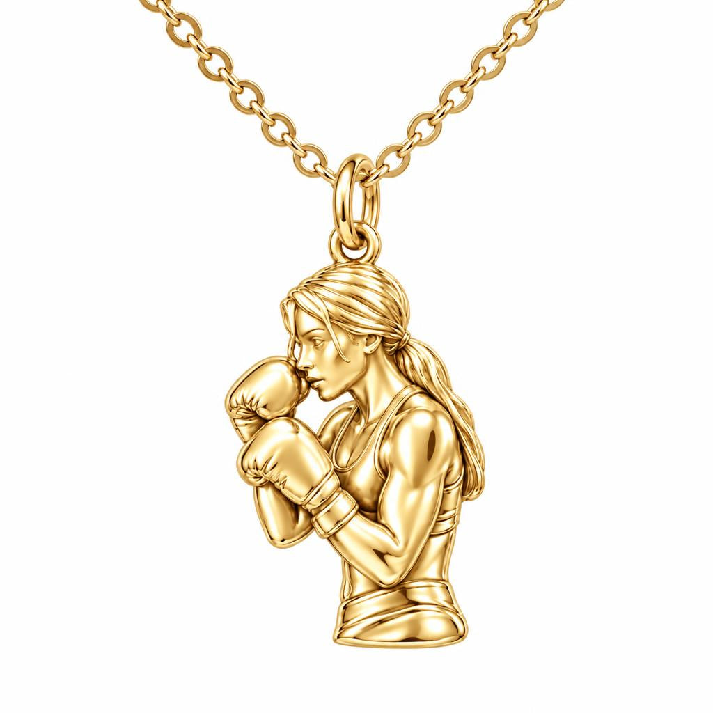 Resilient Female Boxer Charm Necklace Set – 18K gold, front view