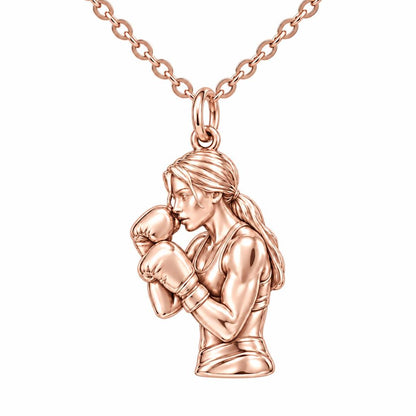 Resilient Female Boxer Charm Necklace Set – rose gold, front view