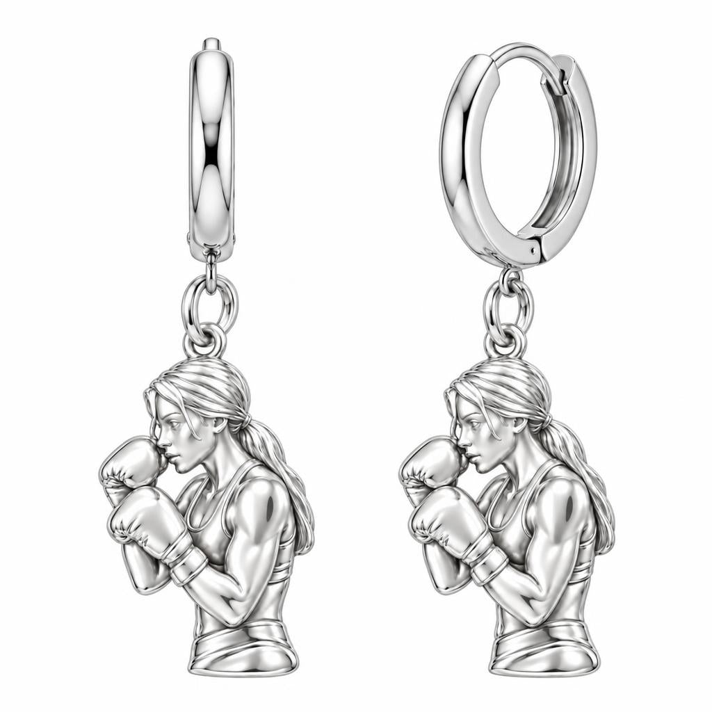 Resilient Female Boxer Huggie Charm Earrings – silver, front view