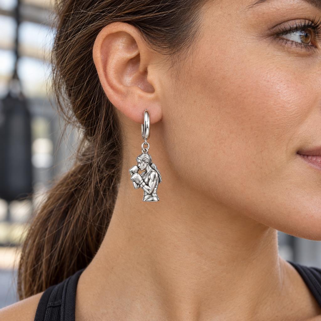 Resilient Female Boxer Huggie Charm Earrings – worn / in use