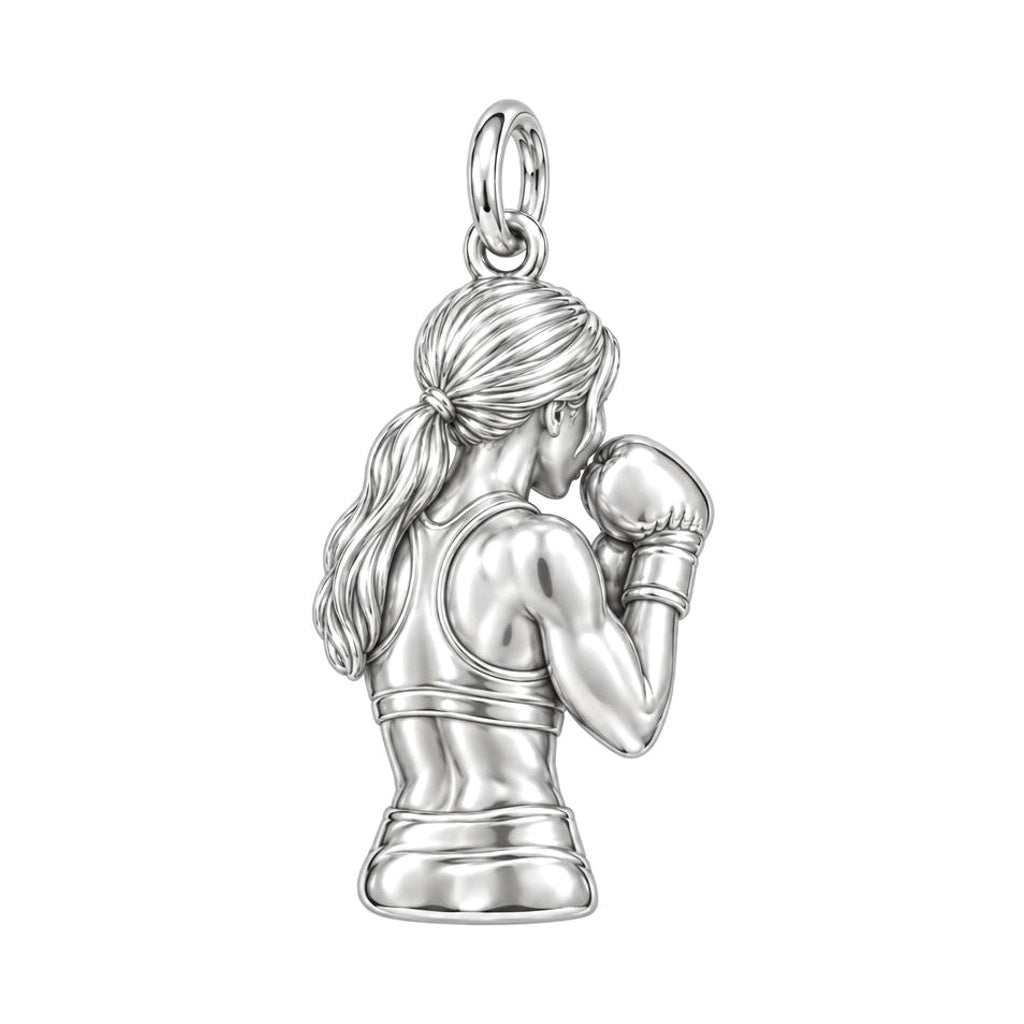Resilient Female Boxer Huggie Charm Earrings – back of the charm, engraving area