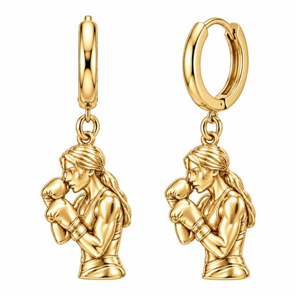 Resilient Female Boxer Huggie Charm Earrings – 18K gold, front view