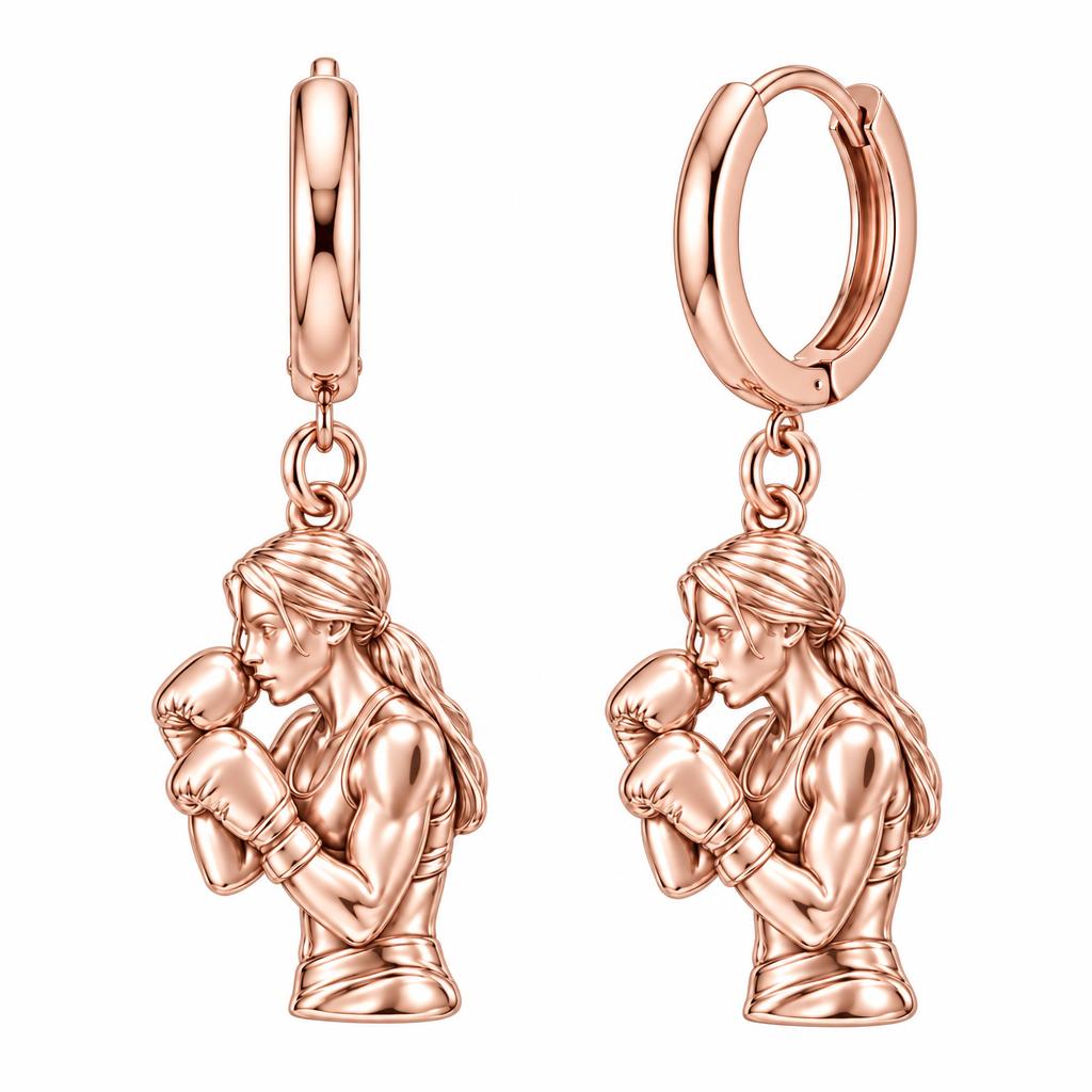 Resilient Female Boxer Huggie Charm Earrings – rose gold, front view