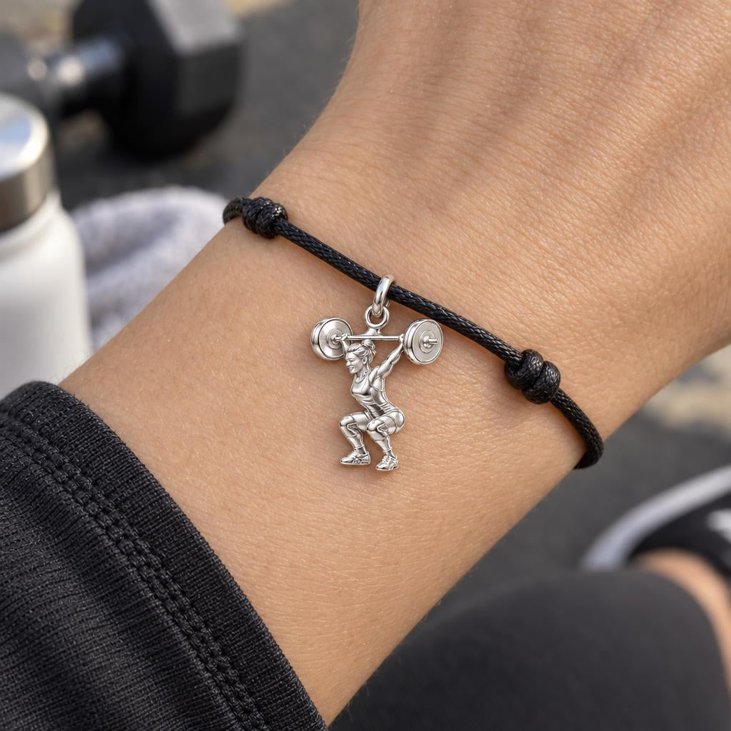 Resilient Lifter Strength Charm Bracelet – Personalized Athlete Gift – worn on the wrist on a black cord bracelet