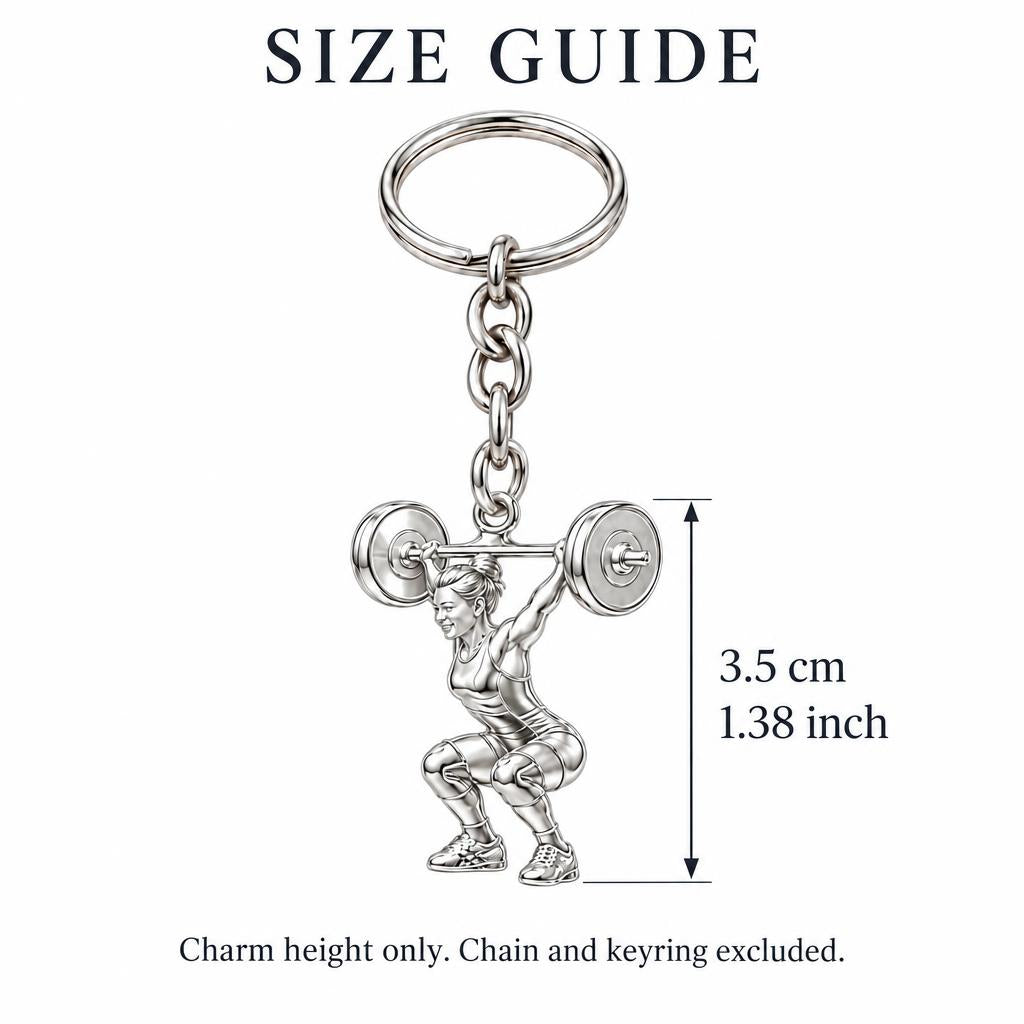 Resilient Lifter Strength Charm Keychain – size guide, 3.5 cm (1.38 in) charm, chain and keyring excluded
