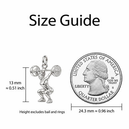 Resilient Lifter Strength Charm Necklace Set – size guide, 13 mm charm next to a quarter