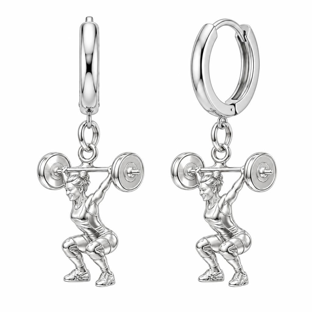 Resilient Lifter Strength Huggie Charm Earrings – silver, front view