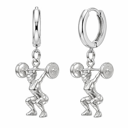 Resilient Lifter Strength Huggie Charm Earrings – silver, front view