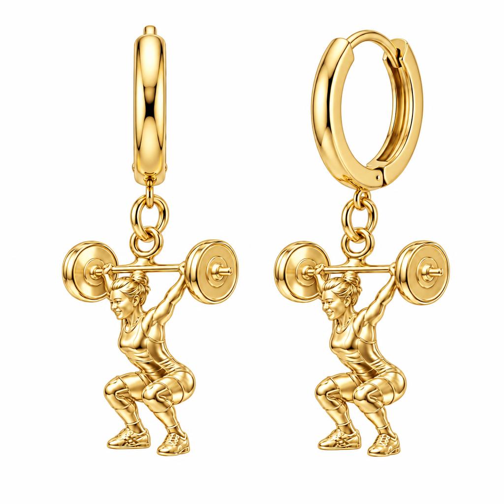 Resilient Lifter Strength Huggie Charm Earrings – 18K gold, front view