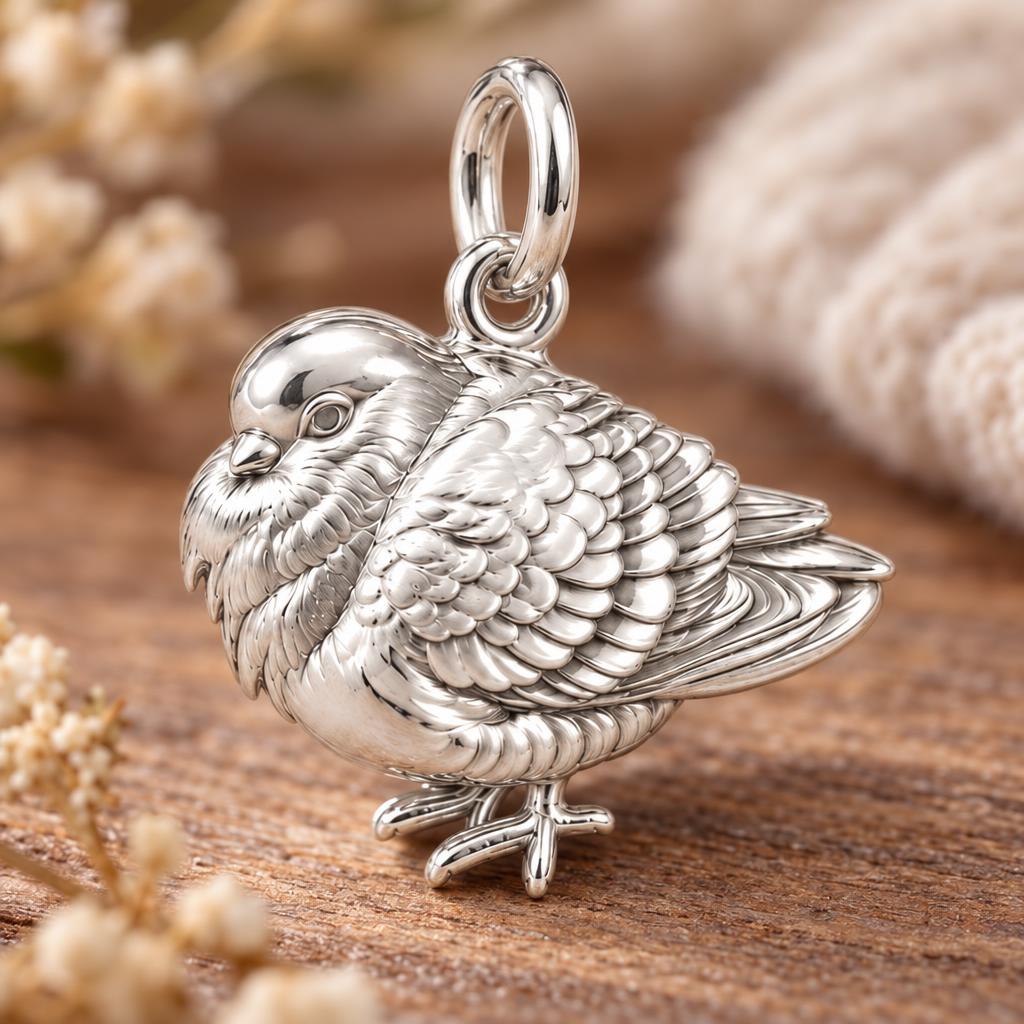 Resting Fluffed Bird Charm Bracelet – Personalized Gift for Mom – macro detail of the charm