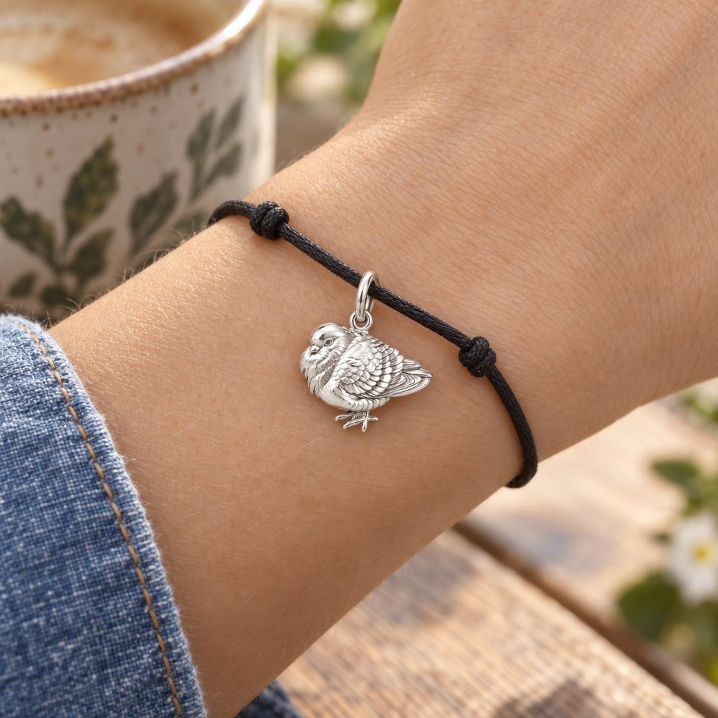 Resting Fluffed Bird Charm Bracelet – Personalized Gift for Mom – worn on the wrist on a black cord bracelet