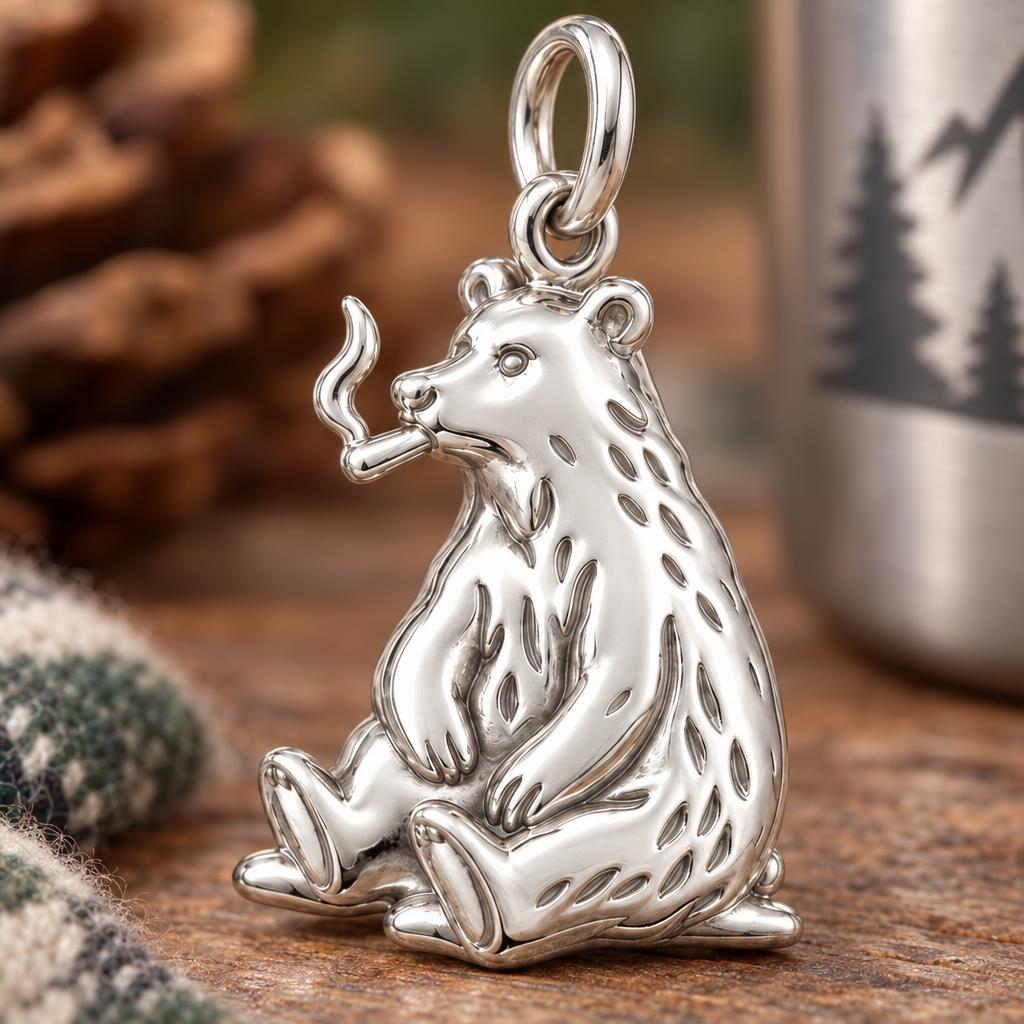 Resting Grizzly Bear Charm Bracelet – Personalized Dad Gift – macro detail of the charm
