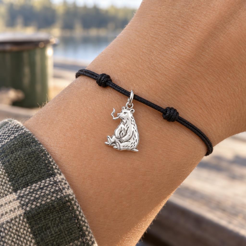 Resting Grizzly Bear Charm Bracelet – Personalized Dad Gift – worn on the wrist on a black cord bracelet