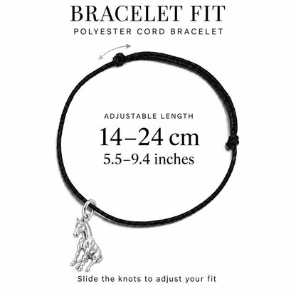 Resting Horse Charm Bracelet – Personalized Horse Lover Gift – adjustable black cord bracelet, 14–24 cm
