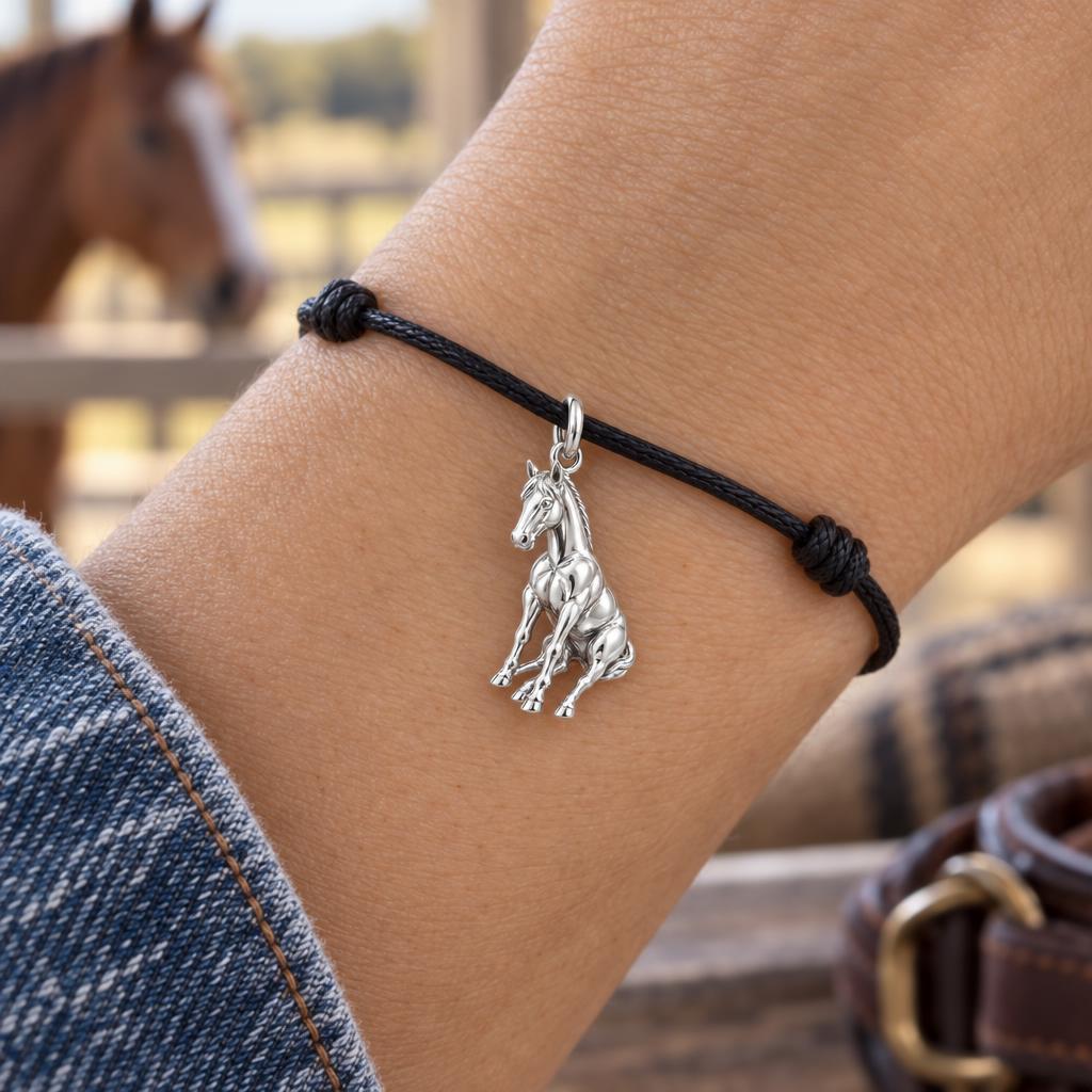 Resting Horse Charm Bracelet – Personalized Horse Lover Gift – worn on the wrist on a black cord bracelet