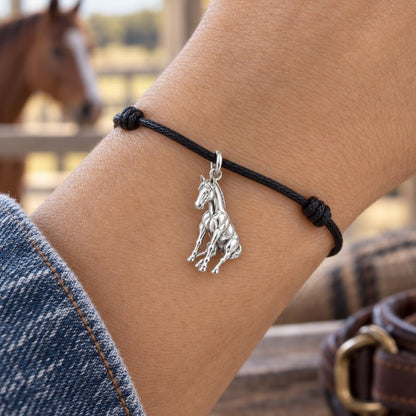 Resting Horse Charm Bracelet – Personalized Horse Lover Gift – worn on the wrist on a black cord bracelet