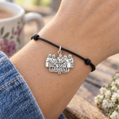 Retirement Buddies Charm Bracelet – Personalized Besties Gift – worn on the wrist on a black cord bracelet