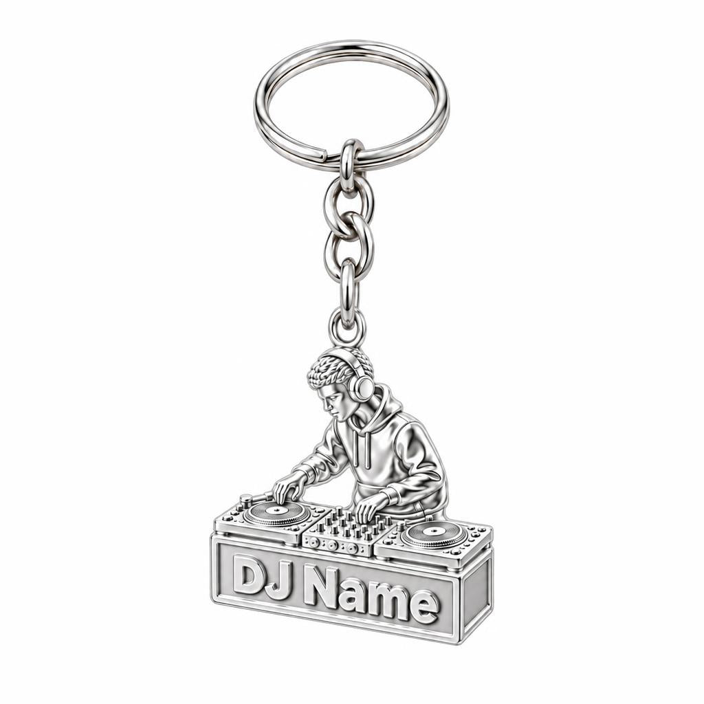 Rhythm and Flow DJ Booth Charm Keychain – silver, front view