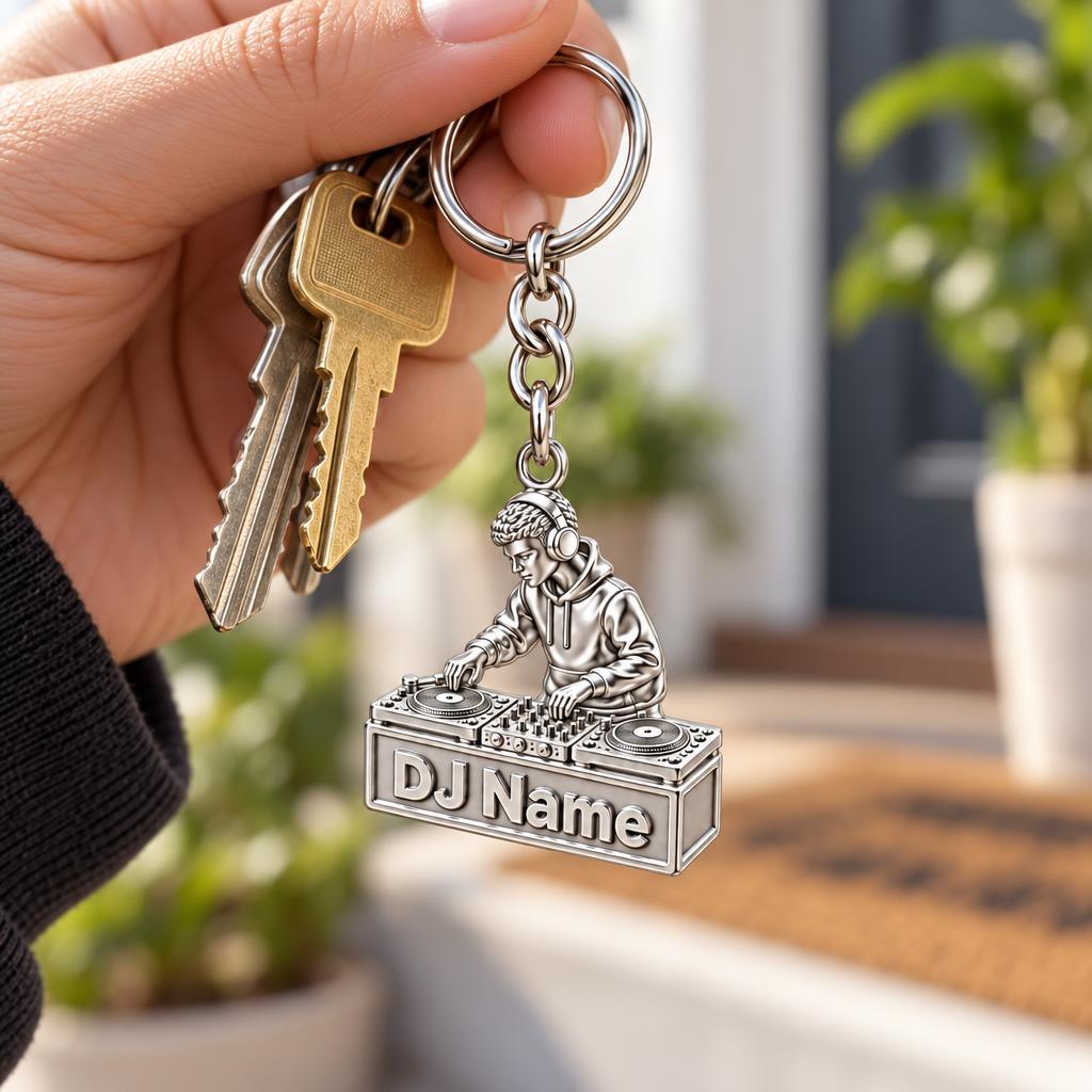 Rhythm and Flow DJ Booth Charm Keychain – worn / in use