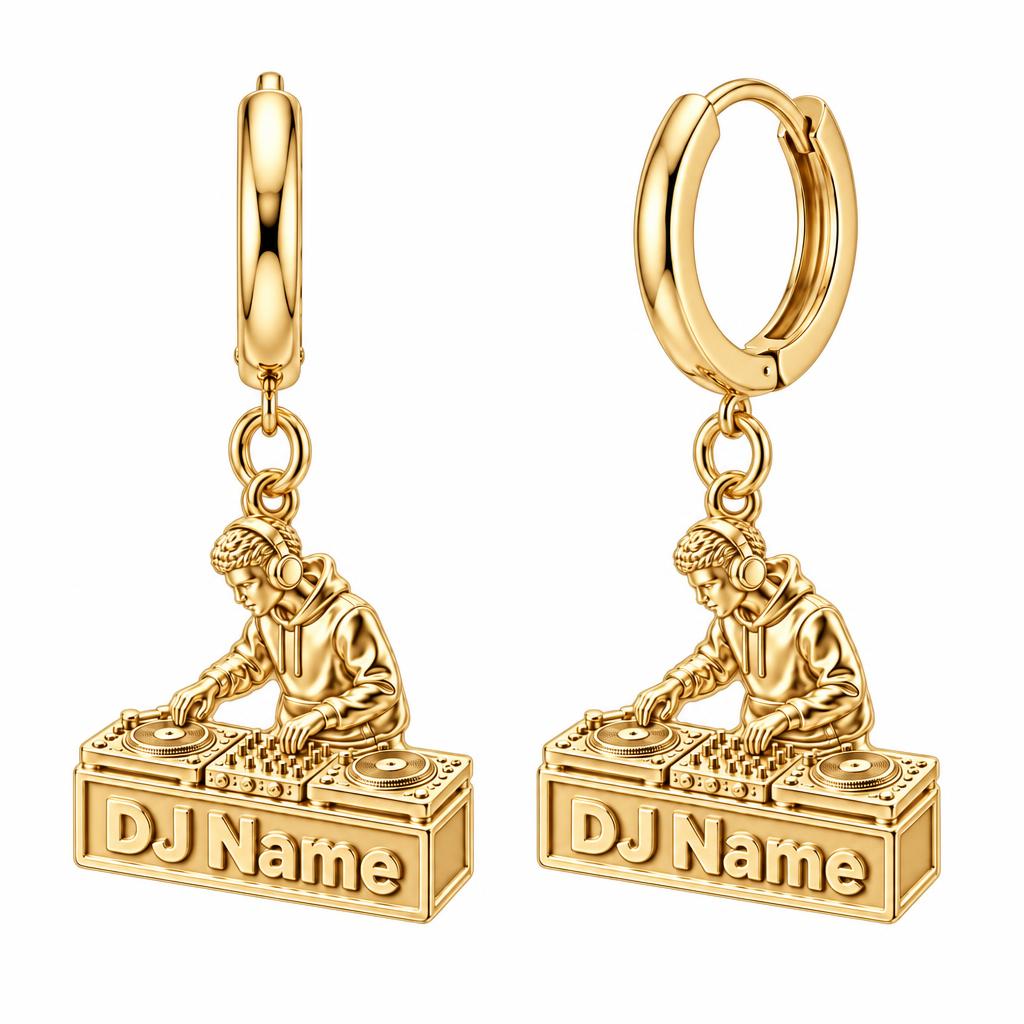 Rhythm and Flow DJ Booth Huggie Charm Earrings – 18K gold, front view
